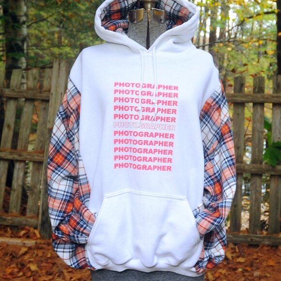 PHOTOGRAPHER Preme Upcycled Reconstructed Hoodie Sweatshirt XL Plaid Sleeves - Picture 1 of 10